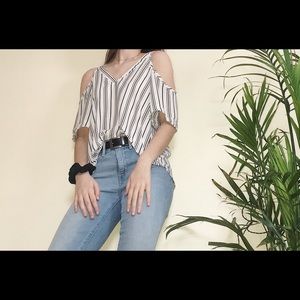 stripped black and white off the shoulder tee
